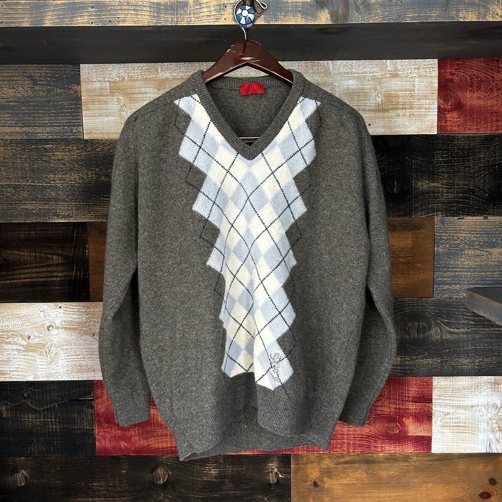Pringle Of Scotland Argyle Sweater V Neck Golf Style Pure Wool Shetland Size XL